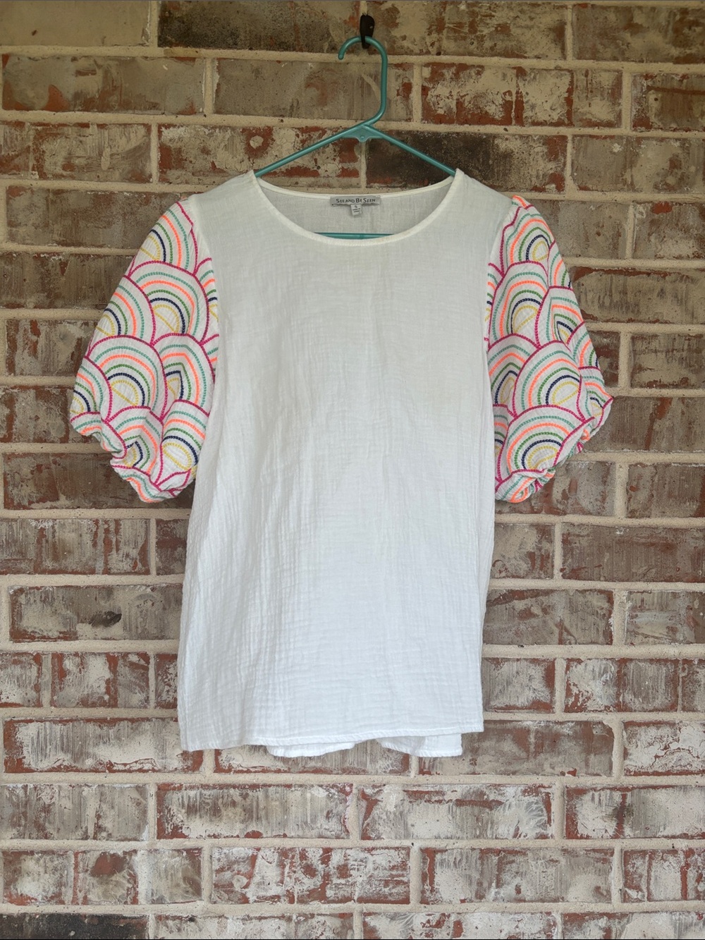 See And‎ Be Seen White Colorful Rainbow Puff Sleeved Blouse
